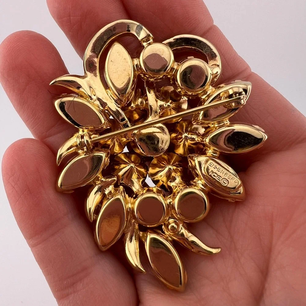 Eisenberg ICE Rhinestone Brooch Gold Tone Vintage Statement Pin 2 1/4